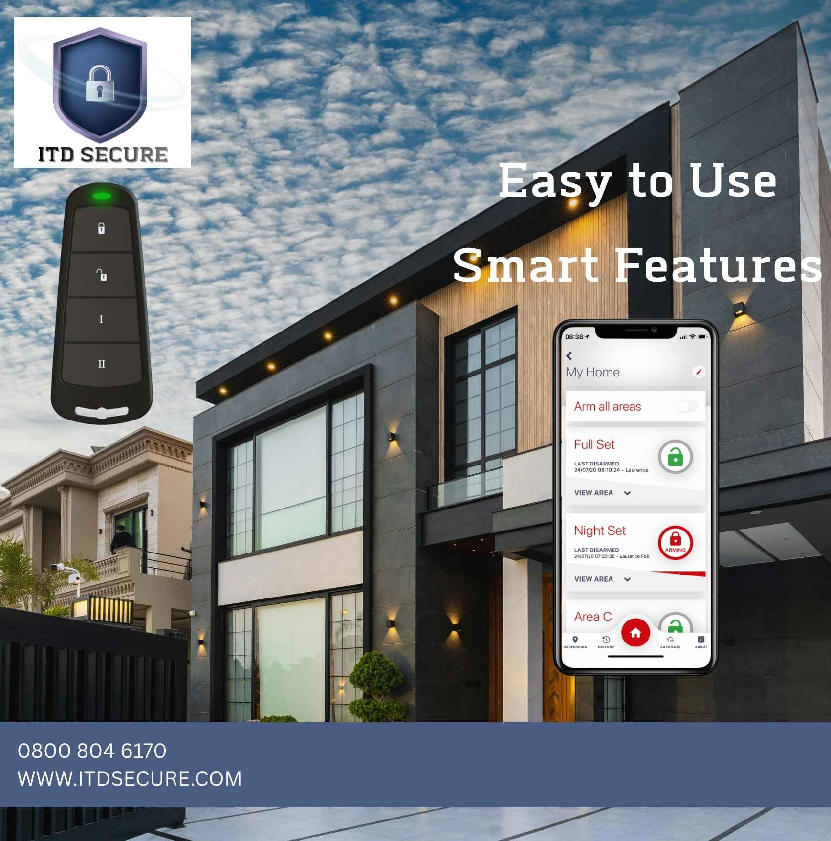 Pyronix keyfob and the Pyronix phone app shown with a modern house, with the ITD Secure logo
