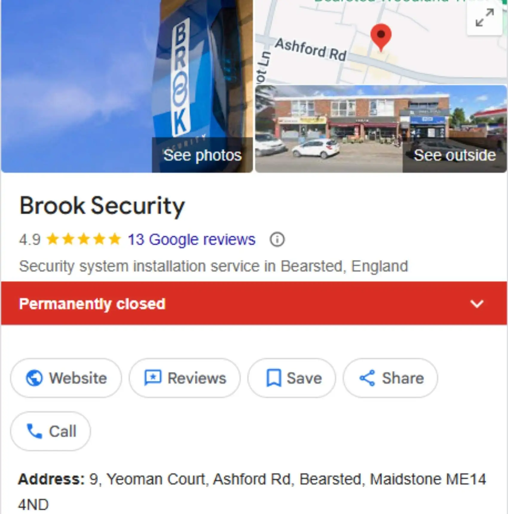Google business profile showing Brook Security Bearsted as permanently closed leaving ITD Secure as one of the established local companies.