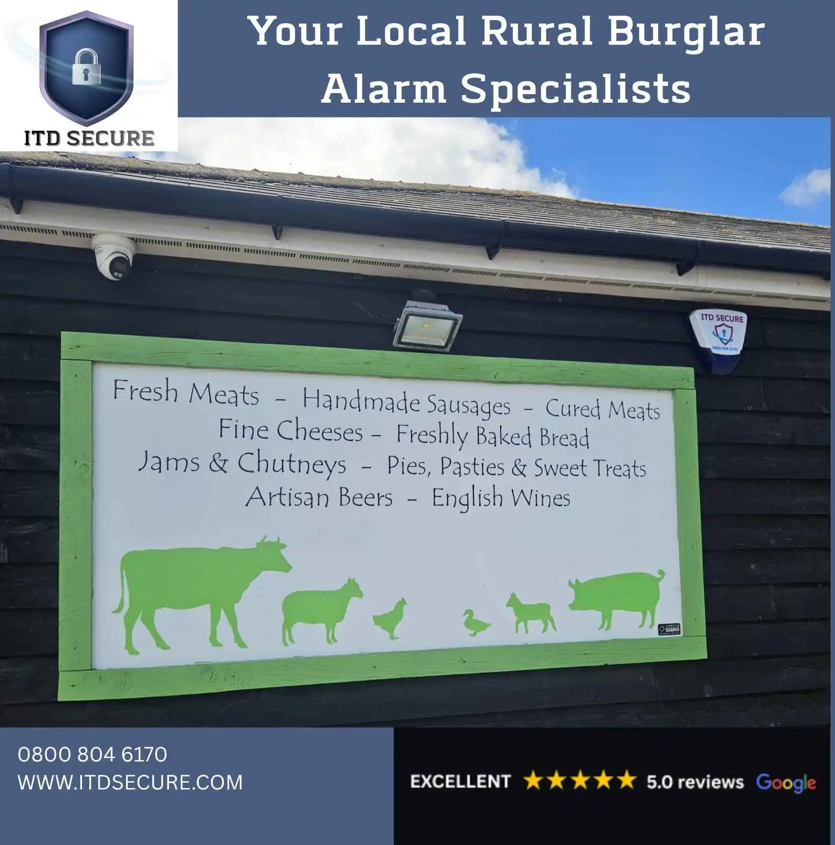 Burglar alarm on rural business with dark wooden panels and a butchers signage. All installed by ITD Secure protecting rural business.