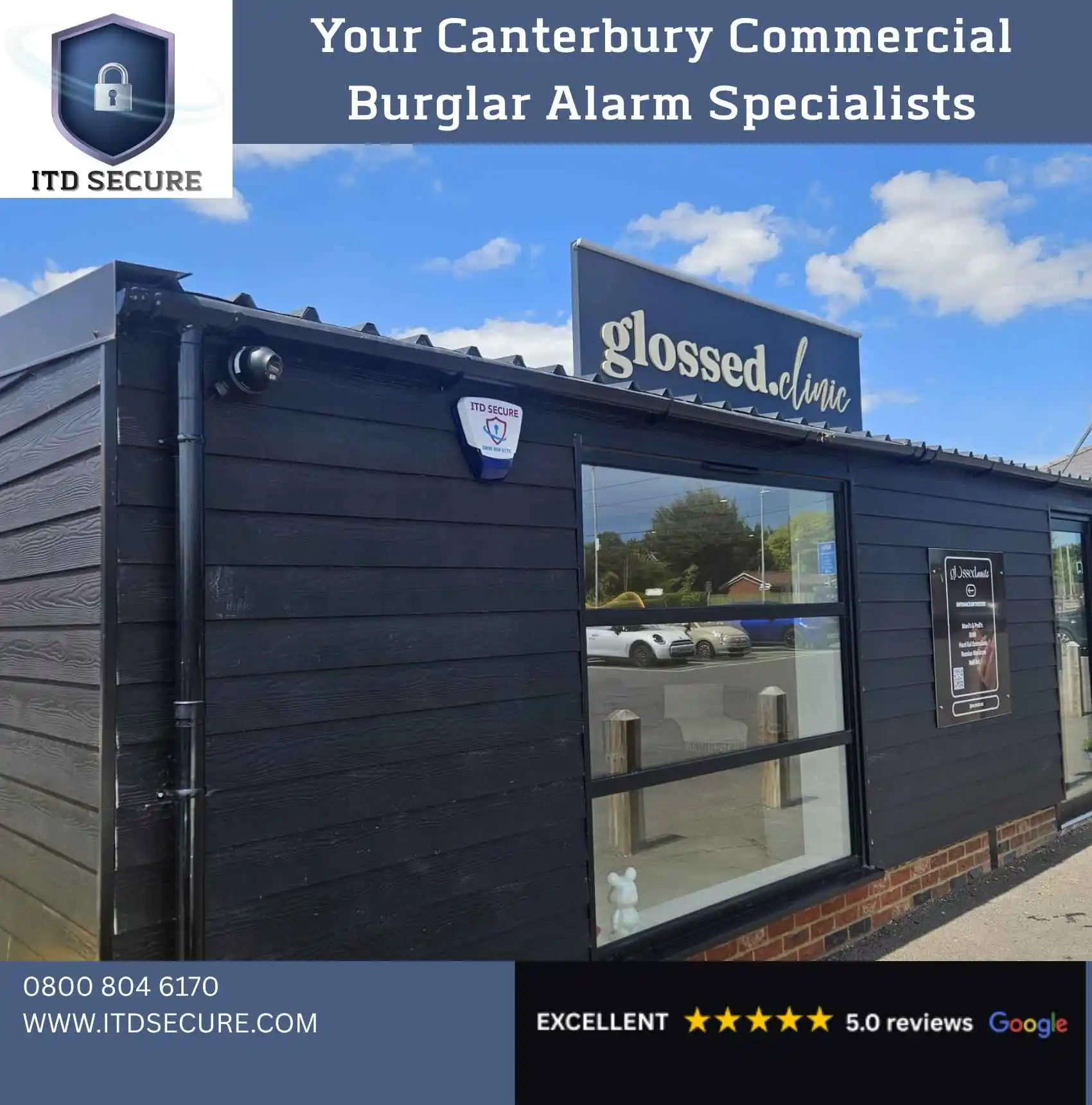 Burglar alarms in Canterbury on a black shipping container style business unit with glass front CCTV and alarm unit fixed at top by ITD Secure